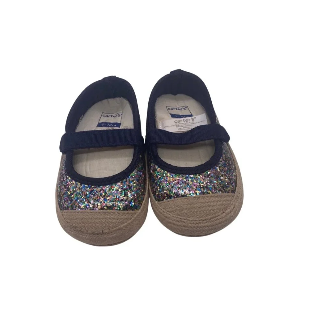 Carters Baby Girl‎ Glitter Mary Jane Shoes 9-12 Months Blue  Jute Sole Non Slip